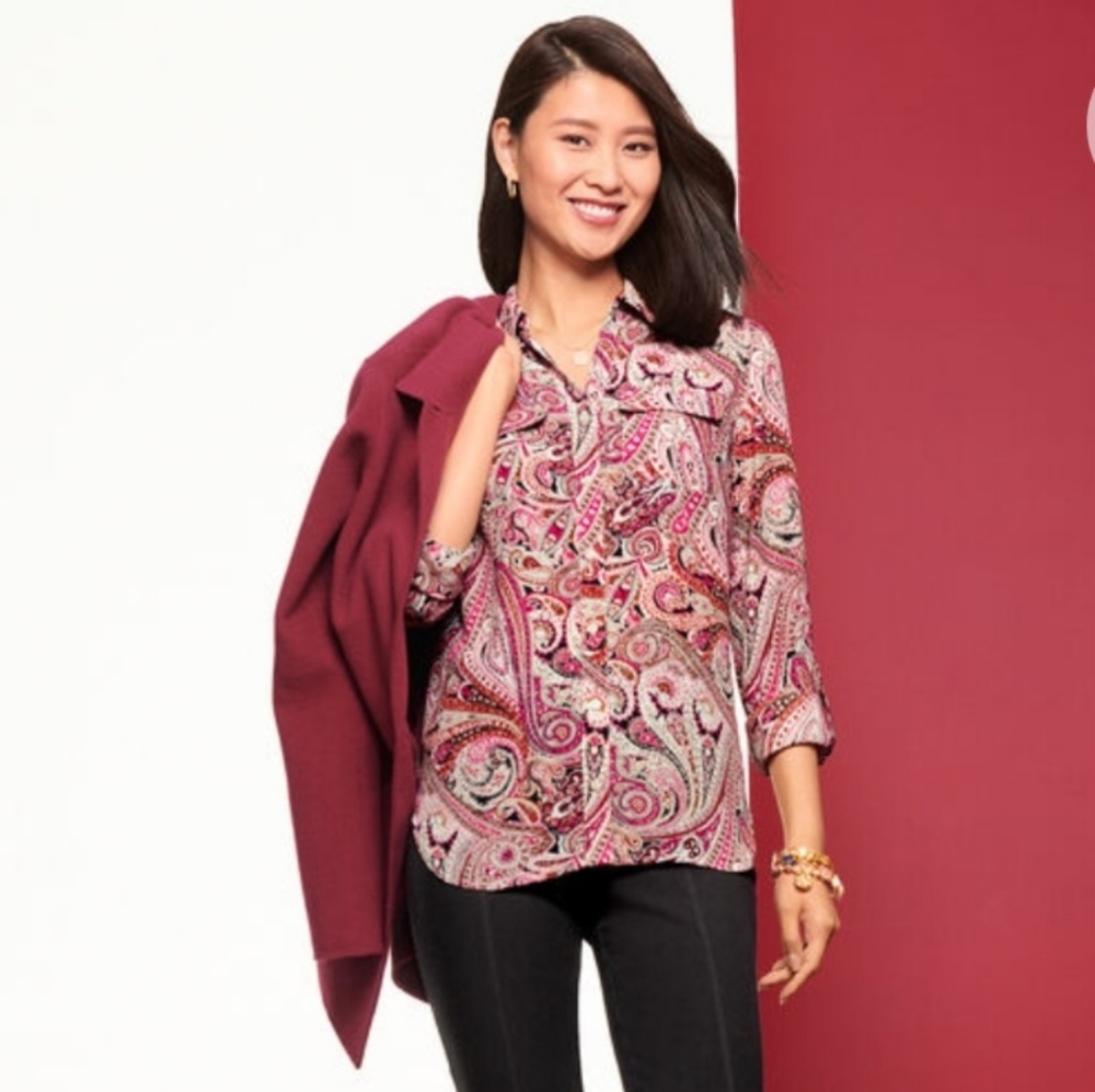 NWT Talbots Paisley Long Sleeve Button Front Blouse Size S